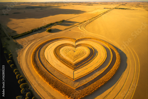 Aerial View of Heart Shaped Crop Circles - Generative AI.