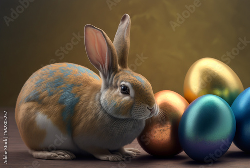 Easter Bunny and Decorated Eggs - Generative AI.