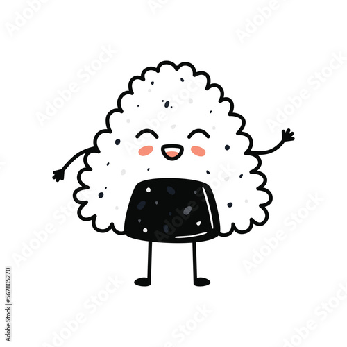 Kawaii sushi mascot in cartoon style. Cute onigiri with salmon for menu
