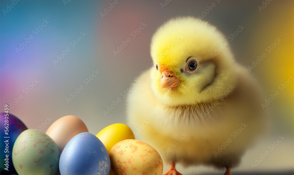 Baby Chick and Decorated Easter Eggs - Generative AI.