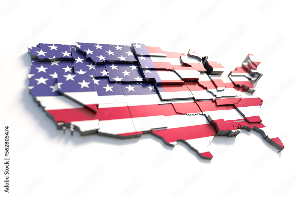 USA America map with flag colors and shadow on white background by 3D ...