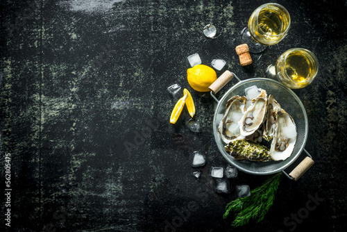 Opened oysters in a colander with white wine  lemon slices and ice cubes.