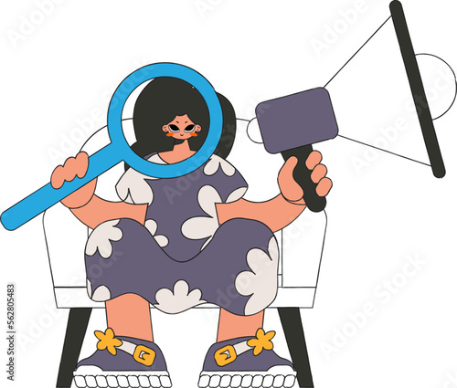 Attractive woman is sitting in a chair and holding a megaphone. Suitable for use in communications or protest thematic projects.