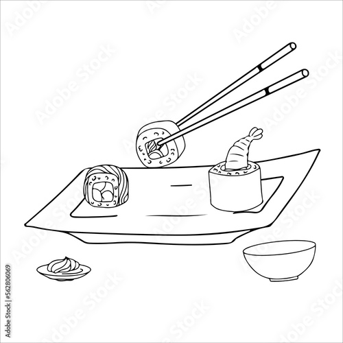 Sushi. Cartoon isolated plate with chopsticks and rolls with rice, salmon for food with soy sauce, wasabi and ginger at sushi bar or Japanese. Restaurant of Asian cuisine. Vector weekend isolated