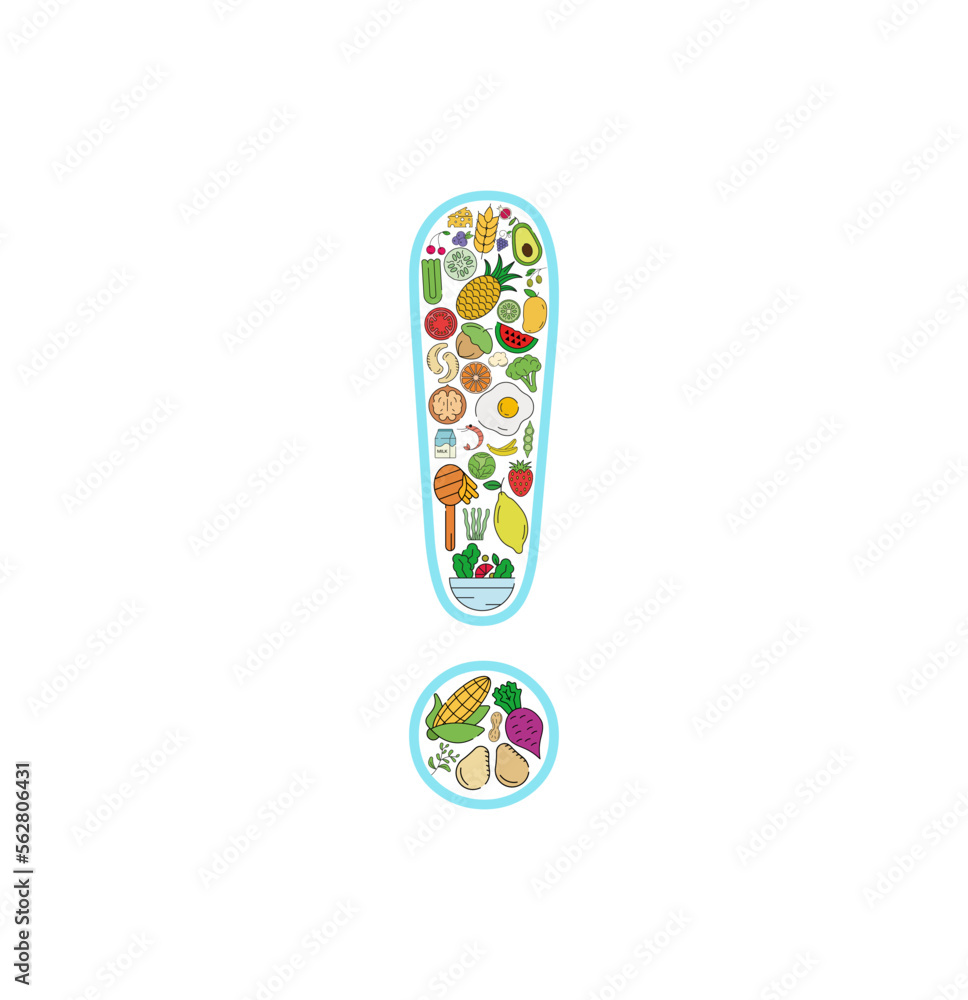 Foods to watch out for are in exclamation points. Food and drink collage icon. Vector set of essential allergens and diet line icons. Foods to watch out for are in exclamation points. Food and drink collage icon. Vector set of essential allergens and diet line icons.