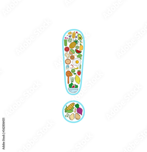 Foods to watch out for are in exclamation points. Food and drink collage icon. Vector set of essential allergens and diet line icons.