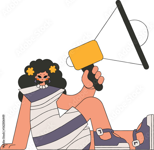 Stylish woman sits on the floor and holds a megaphone.