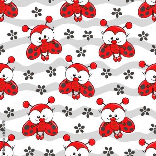 Ladybug seamless pattern. Repeating cute ladybird background for design baby prints. Child wallpaper. Fun childish pattern. Red color ladybug and flowers for fabric or textile. Vector illustration photo