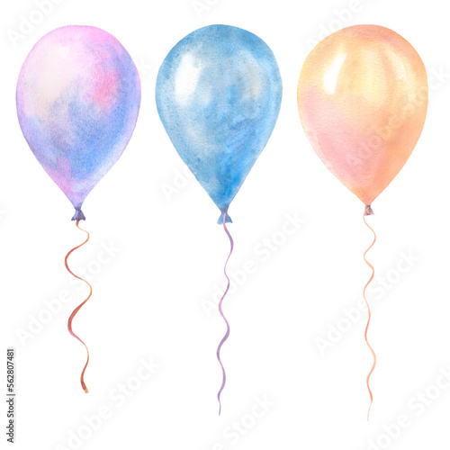 Watercolor set with pastel colors balloons  isolated on white background. Yellow  blue  violet holiday elements.