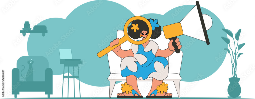 Naklejka premium Stylized vector illustration of a HR representative. A stylish girl sits in a chair and holds a megaphone in his hand.