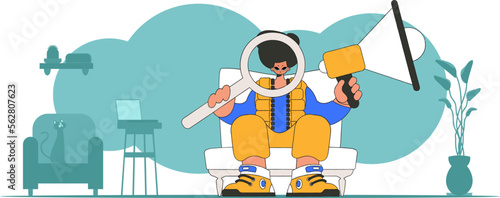 Stylized vector illustration of a HR representative. A young guy sits in a chair and holds a megaphone in his hand.