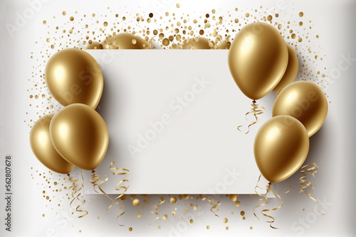 Gold shiny confetti and gold balloons on white background, middle has open space for your message copy, Celebration and party invitation concept