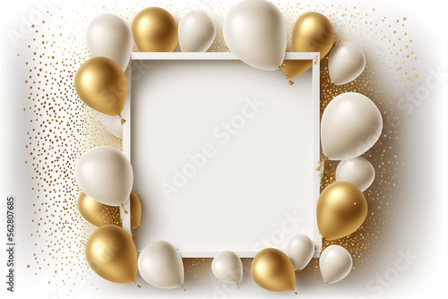 Gold shiny confetti and gold balloons on white background, middle has open space for your message copy, Celebration and party invitation concept