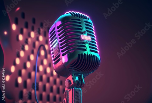 classic microphone colorful neon lights, AI generative
