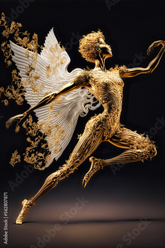A Golden Angel Of Death Made Of Glossy Porcelain Is Gracefully Dancing. Generative AI Illustration © Digitale Wanderlust