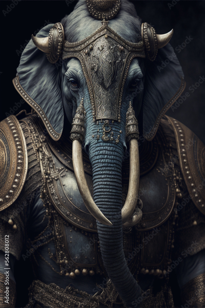 Beautiful elephant soldier with ancient fantasy armor. Generative AI.
Beautiful elephant soldier with ancient fantasy armor. Generative AI.