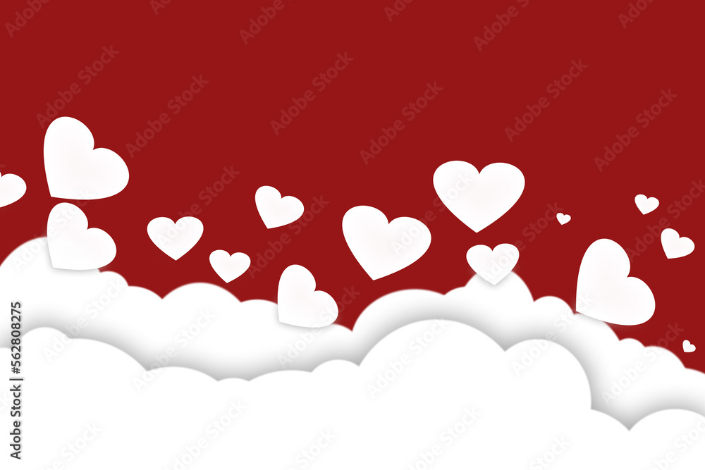 White hearts and clouds on a red background.