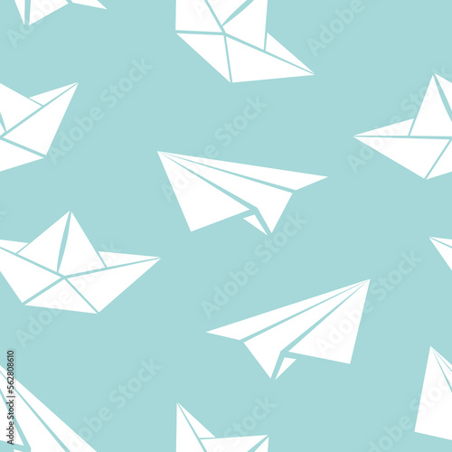 Seamless vector pattern of paper boat and plane on blue background