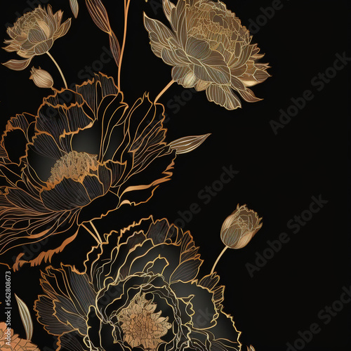 Gold outlined flowers on black background, AI assisted finalized in Photoshop by me 