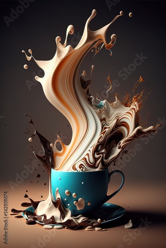 Digital illustration of coffee flying out of a teal coffee cup on a dark background