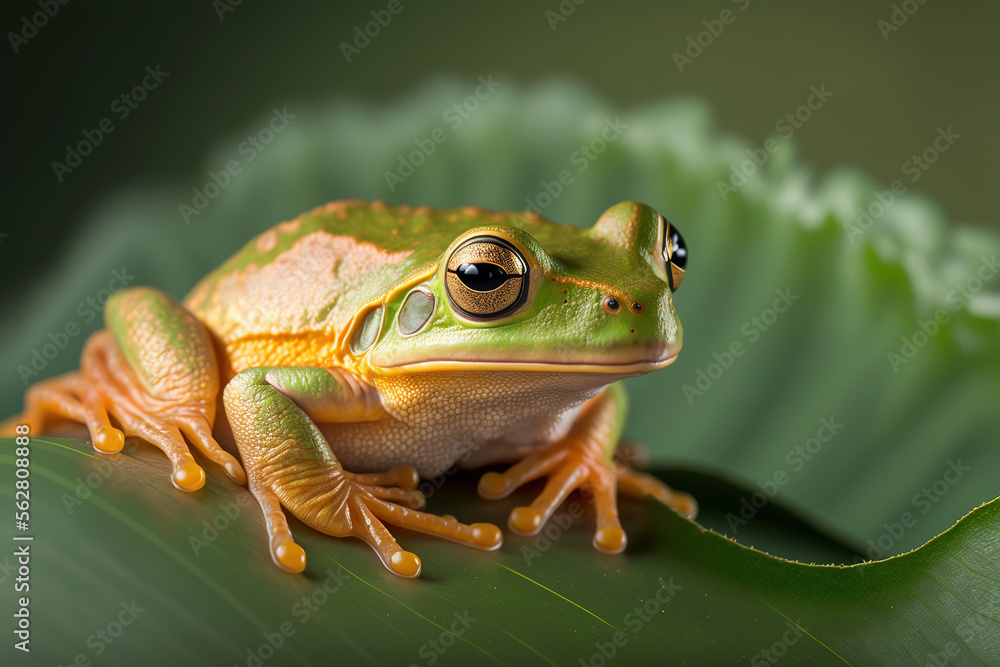 Obraz premium a green frog sitting on top of a leaf, macro, generative ai illustration 