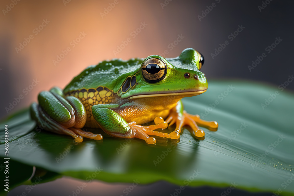 Obraz premium a green frog sitting on top of a leaf, macro, generative ai illustration 