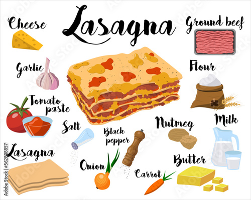 a kitchen poster with a lasagna recipe. Vector illustration on a white background