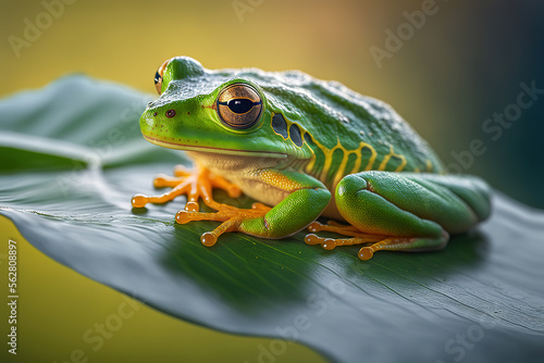 a green frog sitting on top of a leaf, macro, generative ai illustration 