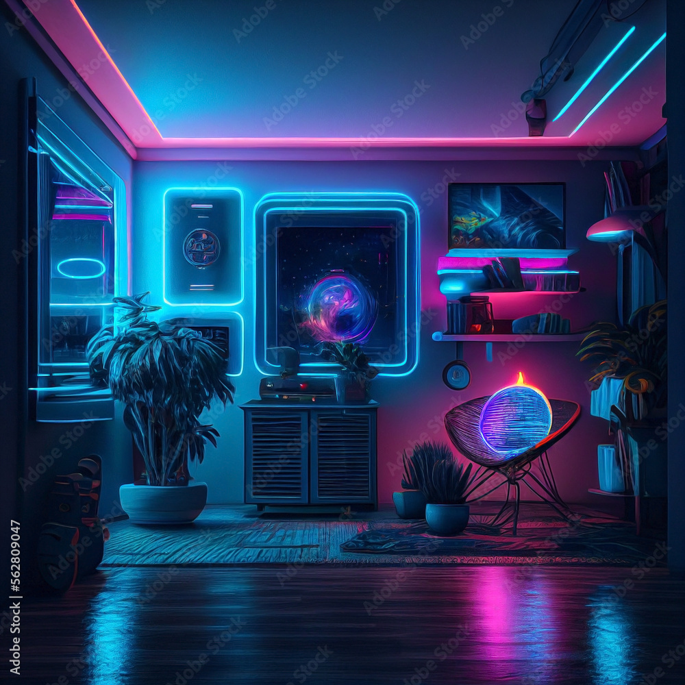 Ai generated. Futuristic teen room interior design. Gaming living room …