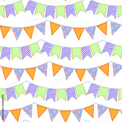 Festive bunting flags ornament. Flag garland cartoon vector seamless pattern. Bright modern design for celebration party, holidays, festival.