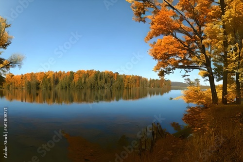 A lake surrounded by trees in the fall. Generative AI