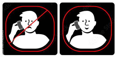 Affiche pour indiquer si l'on a le droit ou pas de téléphoner à cet endroit représenter par une personne tenant un téléphone en blanc dans une cercle rouge barré ou pas sur un fond noir