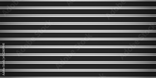 Vector black metal striped wall texture. 3d realistic iron grooved fence background. Silver steel panel seamless pattern. Plastic siding structure. Roofing construction surface. Grey metallic line