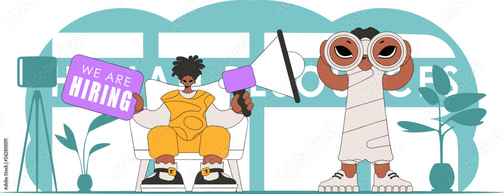 Vector illustration of HR specialist team. Attractive girl sits in a chair and holds a megaphone in her hand.