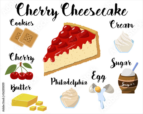kitchen poster with cherry cheesecake recipe. Vector illustration on a white background