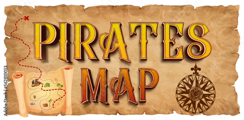 Vector illustration of a white vintage font, the Latin alphabet with retro pirate print with skull and crossbones. Template, design element. Pirate Map