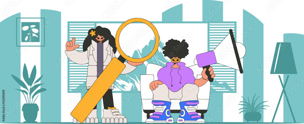 Stylized vector illustration of HR representative team. Attractive girl sits in a chair and holds a megaphone in her hand. Stylized vector illustration of HR representative team. Attractive girl sits in a chair and holds a megaphone in her hand.