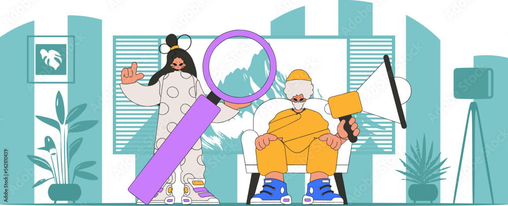 Fototapeta premium Vector illustration of HR representative team. A young woman sits in a chair and holds a megaphone.