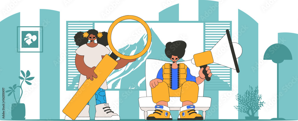 Vector illustration of HR representative team. A young girl sits in a chair and holds a megaphone. Vector illustration of HR representative team. A young girl sits in a chair and holds a megaphone.
