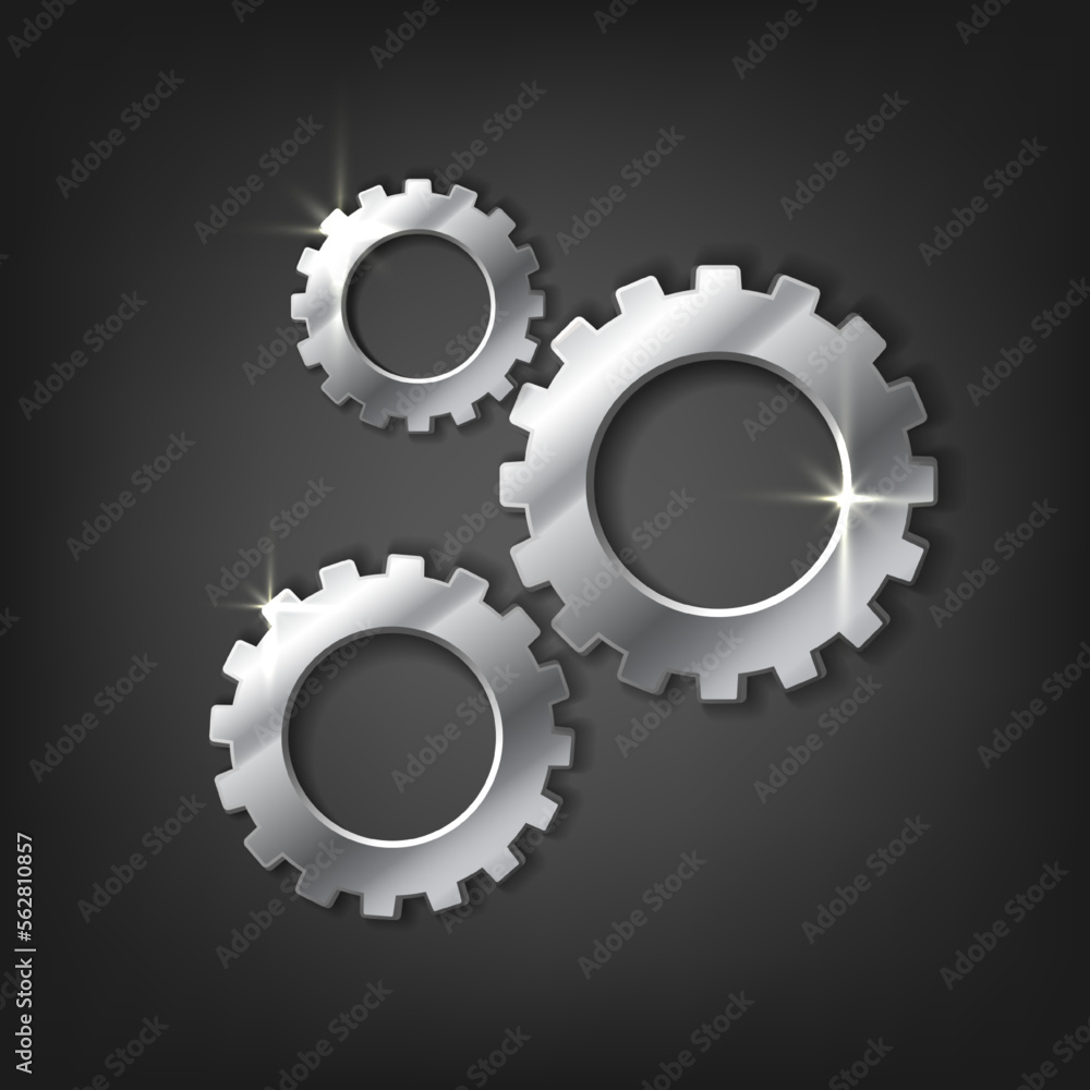 3d realistic vector icon illustration. Metal gears on dark grey background. 3d realistic vector icon illustration. Metal gears on dark grey background.