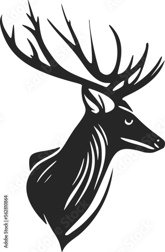 Monochrome vector logo depicting a deer with big antlers.