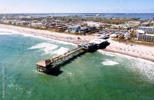 Aerial view of Cocoa beach pier, Florida. USA  Jan 2023