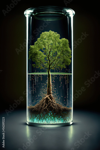 Environmental image of a tree being grown in a test tube on a dark laboratory table, generative AI