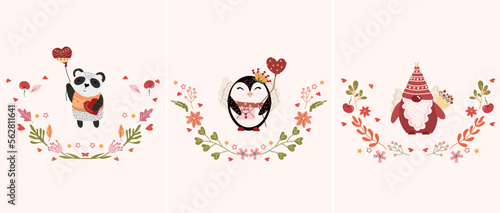 Beautiful compositions with bright flower wreaths, a cute penguin, a panda holding balloons, gnome. Romantic day of St. Valentine Bright illustrations for greeting cards, posters, banners, etc