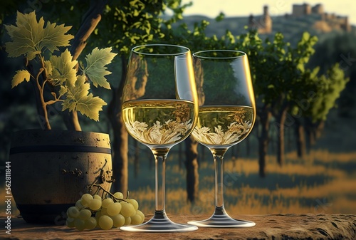 glasses of white wine in a vineyard, generative AI