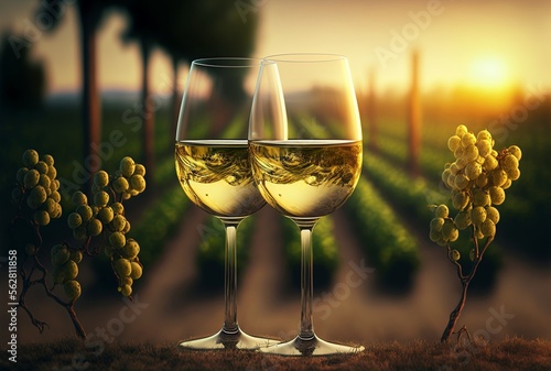 glasses of white wine in a vineyard, generative AI