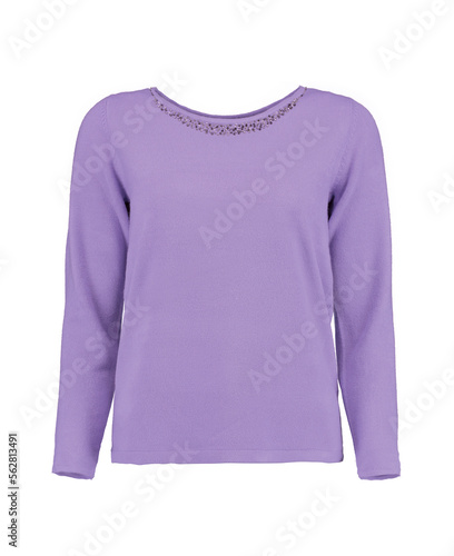 Purple warm pullover with stones at the neck. Lavender jumper. Isolated image on a white background.