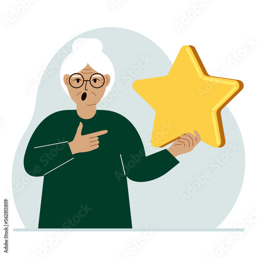 The woman is holding a star. Service rating or positive user rating. Consumer review of the product. Feedback.
