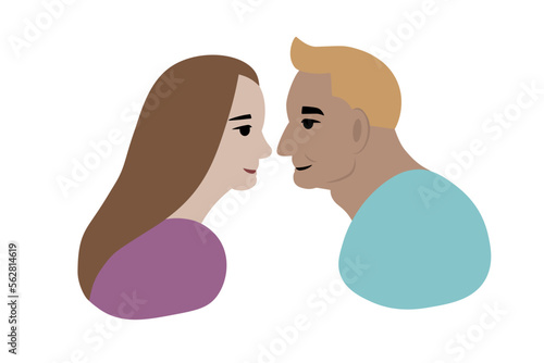 Girl woman and a boy man look to each other. In love, lover. Simple abstract isolated vector illustration.