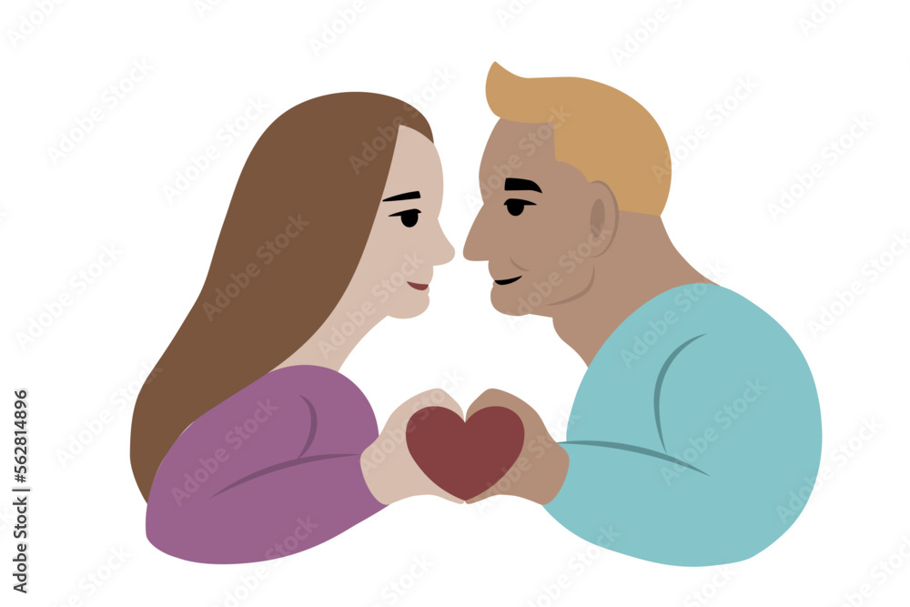 Girl woman and a boy man make a heart symbol with their hands. In love, lover. Simple abstract isolated vector illustration.